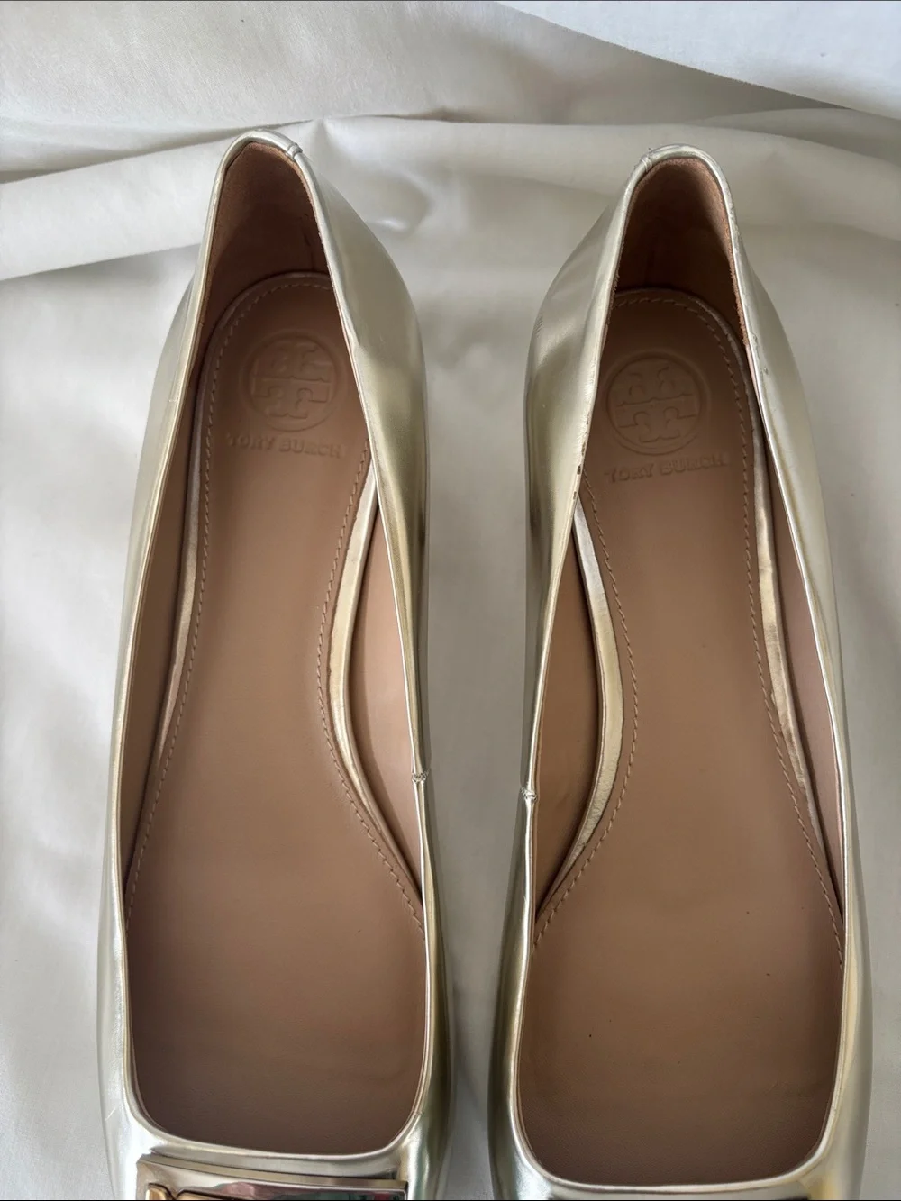 Tory Burch Silver Iridescent Gold Logo Block Heel Flats - Picture 12 of 16